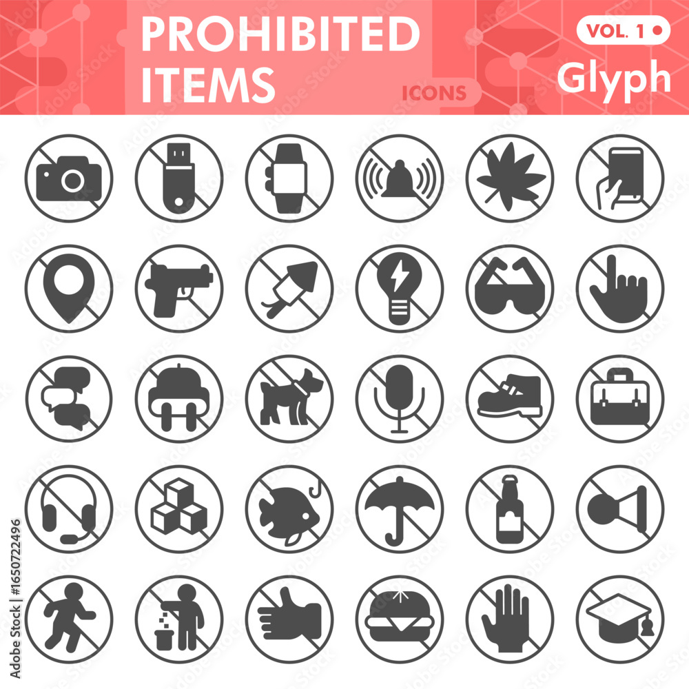 Poster prohibited items glyph icon set, forbidden activity symbols collection or sketches. restrictions, ba