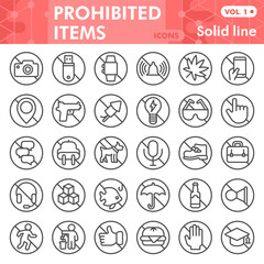 Fototapeta premium Forbidden acts solid line icon set, prohibited items symbols collection or sketches. Banned behavior linear style signs for web and app. Vector graphics isolated on white background.
