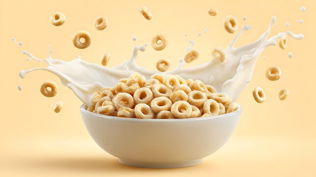 Angular bowl of rings cereal or cheerios with dripping milk splashes isolated on light yellow background.