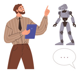 Bearded man with glasses holding a tablet and pointing upwards while a robot listens attentively. Ideal for teamwork, innovation, technology, AI, communication, education, futurism. Simple flat