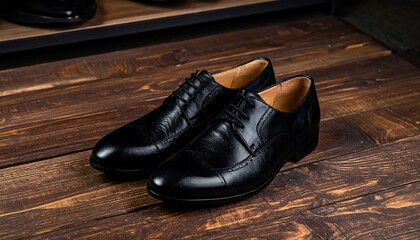 Polished black leather shoes on dark wood