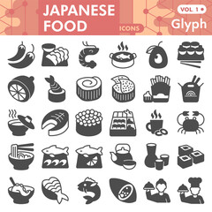 Japanese food symbols collection or sketches, cooking theme with glyph style signs for web and app. Vector graphics isolated on white background.