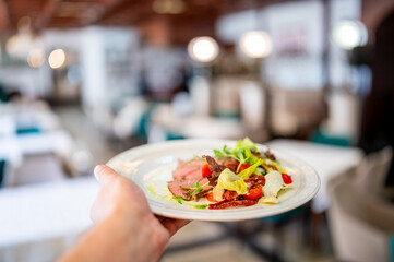 Hand holding a plate with fresh salad, meat slices, and cherry tomatoes in a blurred restaurant interior, showcasing vibrant food presentation.