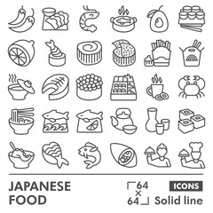 Japanese food symbols collection or sketches, cooking theme with line style signs for web and app. Vector graphics isolated on white background.