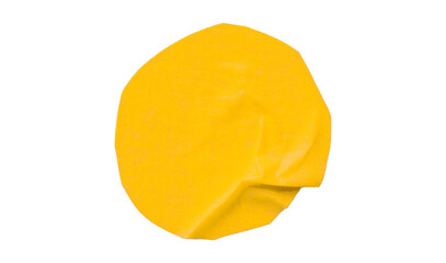 Yellow circle masking tape sticker with wrinkled edges, separate wrinkled round paper on transparent background.