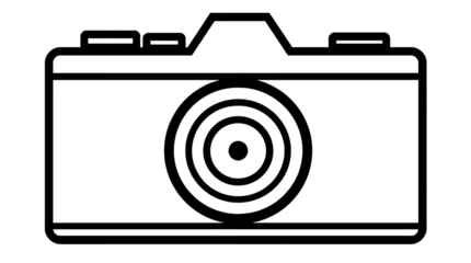 Simple Flat Black Outline of Digital Camera with Rectangular Body and Circular Lens – Transparent Background