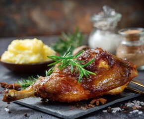 Duck leg confit, on the table, with space for copying