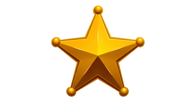 Gold Sheriff’s Star Badge – Five-Pointed Metallic Design with Raised Edges and Decorative Details – Transparent Background