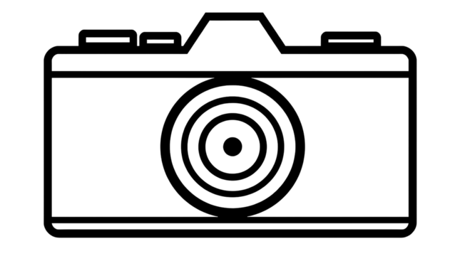 Simple Flat Black Outline of Digital Camera with Rectangular Body and Circular Lens – Transparent Background