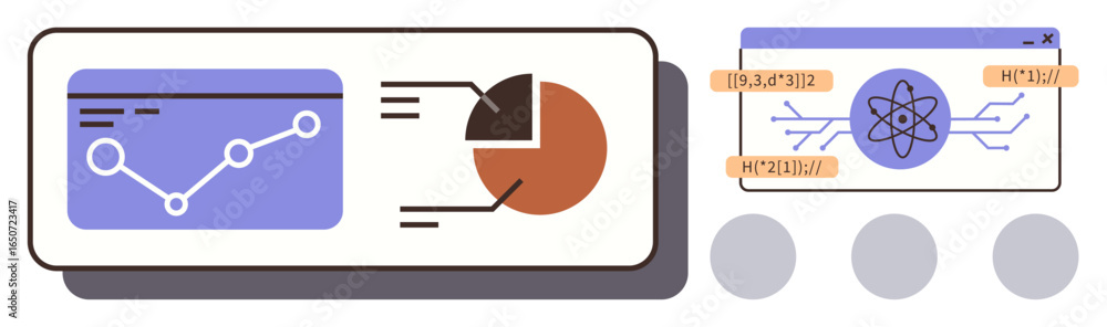 Poster graph with data points, pie chart analysis, and atomic structure icon on webpage layout. ideal for d