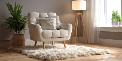 A warmly lit interior scene showcases a comfortable armchair positioned in a corner of a room. The armchair, upholstered in a light beige fabric, features a tufted back and wooden legs. 