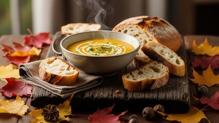 bowl of hot pumpkin soup with cream is on a wooden board. Slices of bread and autumn leaves are scattered around. Steam rises from the bowl. The concept is autumn food