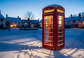 Red telephone booth in winter wonderland scene: explore snowy village with classic uk phone box