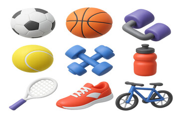 A 3D rendering of nine sports and fitness icons arranged in a grid. The objects include a soccer ball, basketball, dumbbells, tennis ball, a set of dumbbells, a water bottle, a tennis racket, a sneake