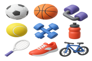 A 3D rendering of nine sports and fitness icons arranged in a grid. The objects include a soccer ball, basketball, dumbbells, tennis ball, a set of dumbbells, a water bottle, a tennis racket, a sneake