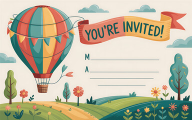 Youre invited to a party with a hot air balloon and floral landscape design