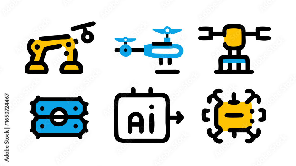Poster a vibrant collection of icons illustrating artificial intelligence, robotic automation, and cutting-