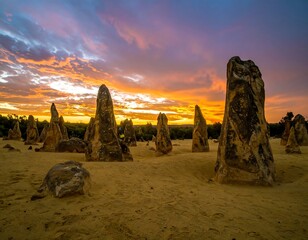 Dramatic sunset over unique rock formations