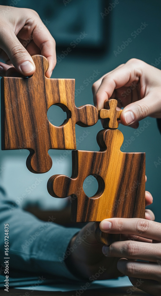 Poster close-up of hands connecting wooden puzzle pieces, showcasing teamwork and problem-solving, symboliz