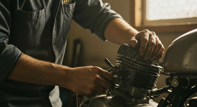 Skilled mechanic's hands meticulously assembling a custom motorcycle engine in a sunlit workshop