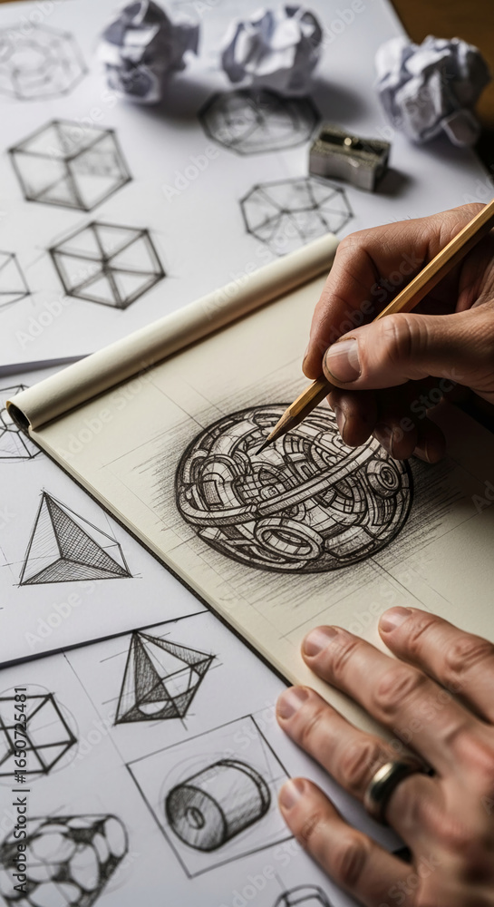 Poster close-up of hand sketching intricate geometric design, showcasing creative process and precision det