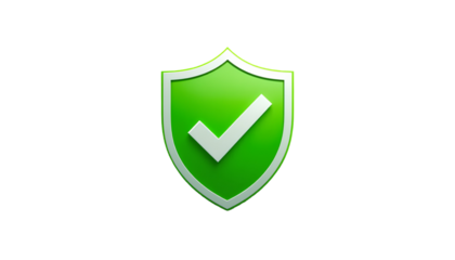 Stylized Bright Green Shield with Central White Check Mark Symbol – Transparent Background