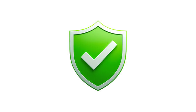 Stylized Bright Green Shield with Central White Check Mark Symbol &ndash; Transparent Background