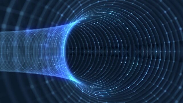 Futuristic sci-fi circle portal in space. 3D blue ai tunnel with dots and lines. Abstract digital wormhole data. Flow particle by funnel. Fantasy circle vortex on dark background. 3D rendering.