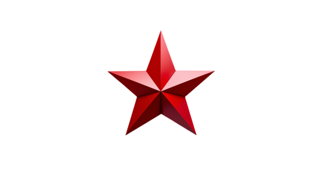 Bright Red Five-Pointed Star with Sharp Angular Points – Flat Geometric Design – Transparent Background