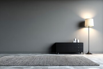 Minimalist room interior with dark gray walls, a black cabinet, a beige area rug, and a floor lamp