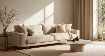 Fototapeta premium Cozy Interior with Beige Sofa, Round Coffee Table, and Natural Light Streaming In.