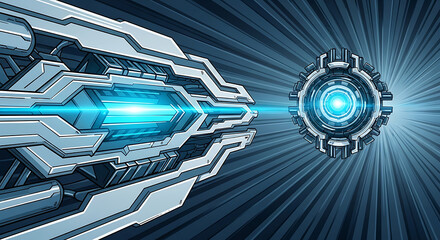 Futuristic concept of a powerful plasma cannon firing a concentrated blue energy beam towards a spherical tech core