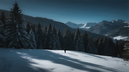 Fototapeta premium Solitary figure walking through a snow-covered landscape with evergreen trees and distant mountains under a clear sky.