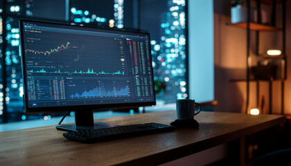 Cryptocurrency trading monitor with stock market charts in modern office at night