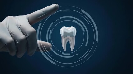 A gloved hand interacts with a glowing digital tooth The technology represents dental health a modern approach or potential treatment option Clean bright futuristic