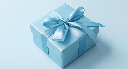 Elegant Light Blue Gift Box with Silk Ribbon Bow on a Matching Background.
