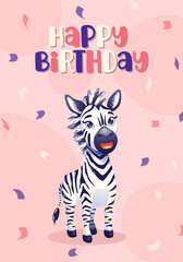 African safari birthday card with cute zebra illustration