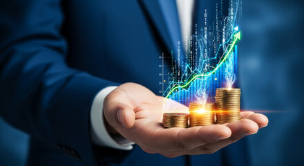 Hand holding stacks of gold coins with upward trending graph and digital data, symbolizing financial growth and investment success, ideal for business or finance concepts