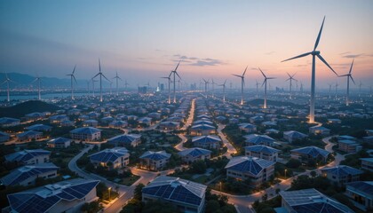A decentralized energy grid of solar panels and wind turbines powers this contemporary smart city, which is connected by illuminated pathways that represent the flow of energy after nightfall.