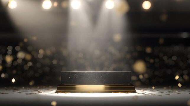 Spotlight on Podium: An elegantly crafted podium stands center stage, bathed in the golden glow of spotlights against a dark backdrop. Perfect for showcasing products or recognizing achievements.
