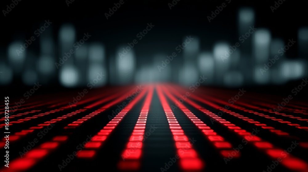 Poster vibrant red computer keyboard sits on a desk overlooking a sprawling cityscape at twilight.