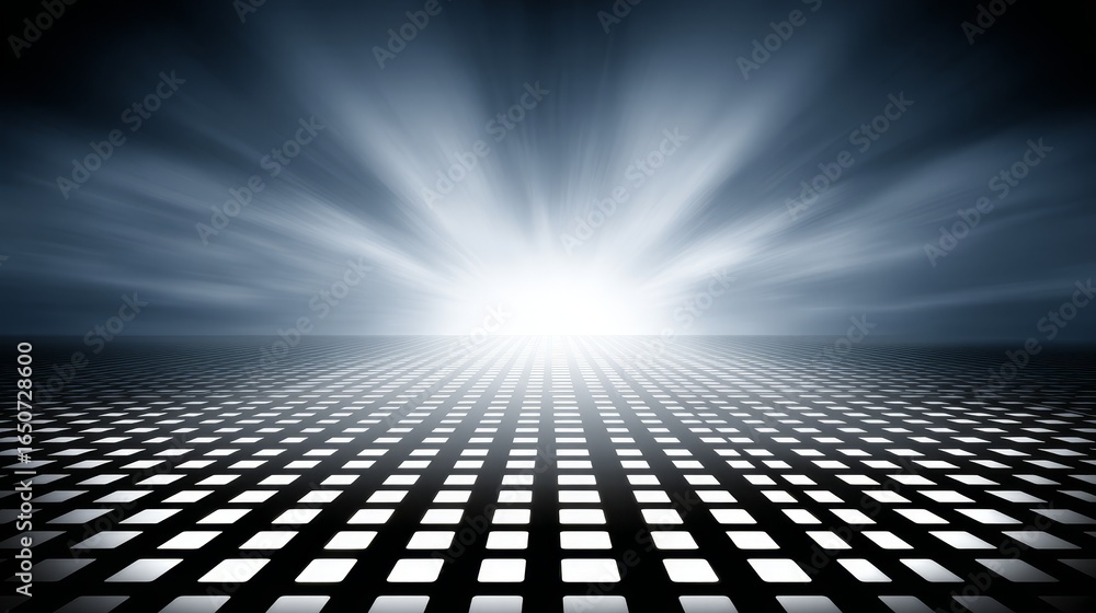 Poster dynamic abstract background featuring a vibrant geometric pattern of glowing squares and radiating l