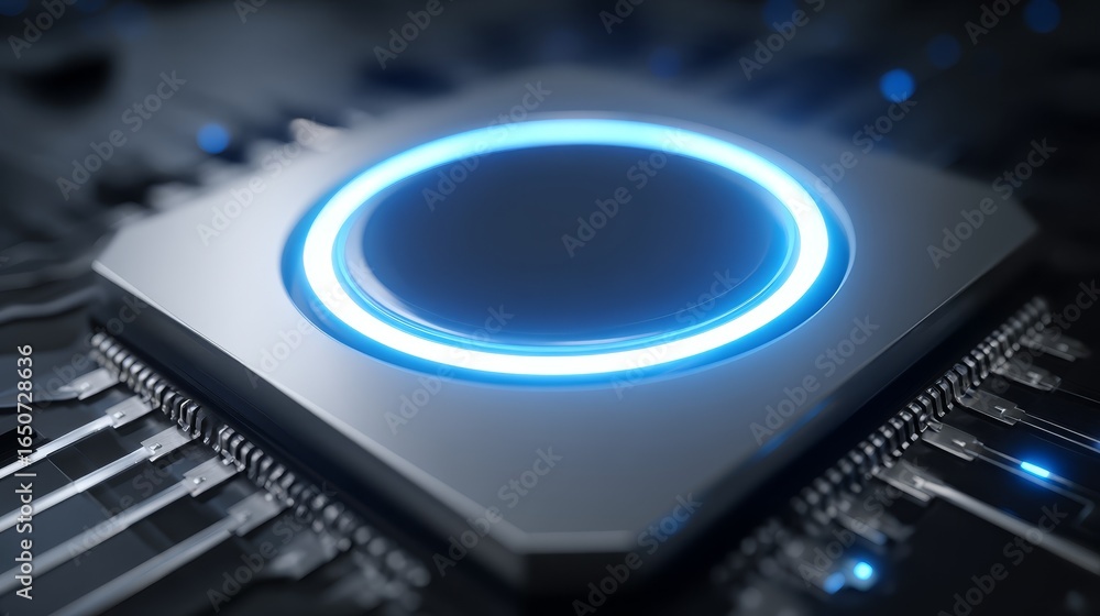 Poster Futuristic Central Processing Unit with a vibrant blue neon light glowing on its surface representing advanced computing power data processing and modern electronic innovation.