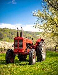 Red vintage tractor sits in a grassy orchard amongst blooming trees on a sunny day