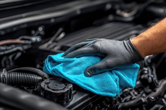 Close-up of a hand in black glove wiping a car engine with a light blue cloth