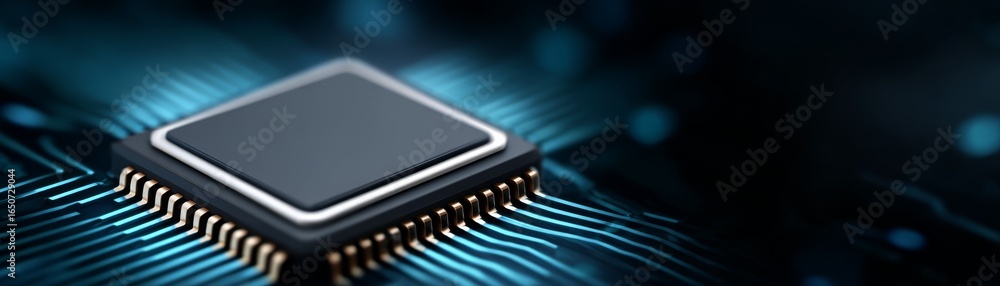 Poster a detailed macro photograph of a central processing unit microchip resting on a vibrant blue surface