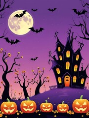 Fototapeta premium The image portrays a whimsical Halloween scene set against a gradient purple sky, illuminated by a glowing full moon. A silhouetted haunted house with jagged rooftops stands prominently on the right..