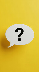 White speech bubble with black question mark on yellow background, symbolizing inquiry, question, uncertainty, or FAQ concept