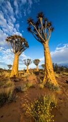 Quiver trees stand tall under a vibrant sky in a desert landscape