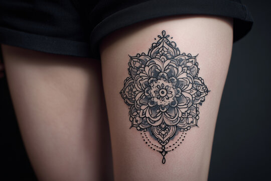 A geometric mandala tattoo with symmetrical details that is perfect for the calf.
